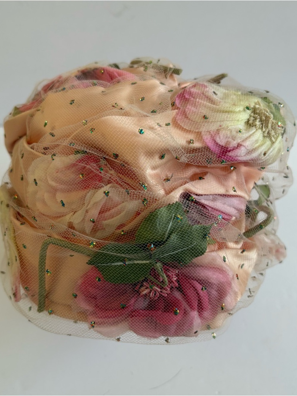 Vintage Christian Dior Chapeaux Floral Union Made Peach Pink Hat Satin Net - Picture 3 of 8